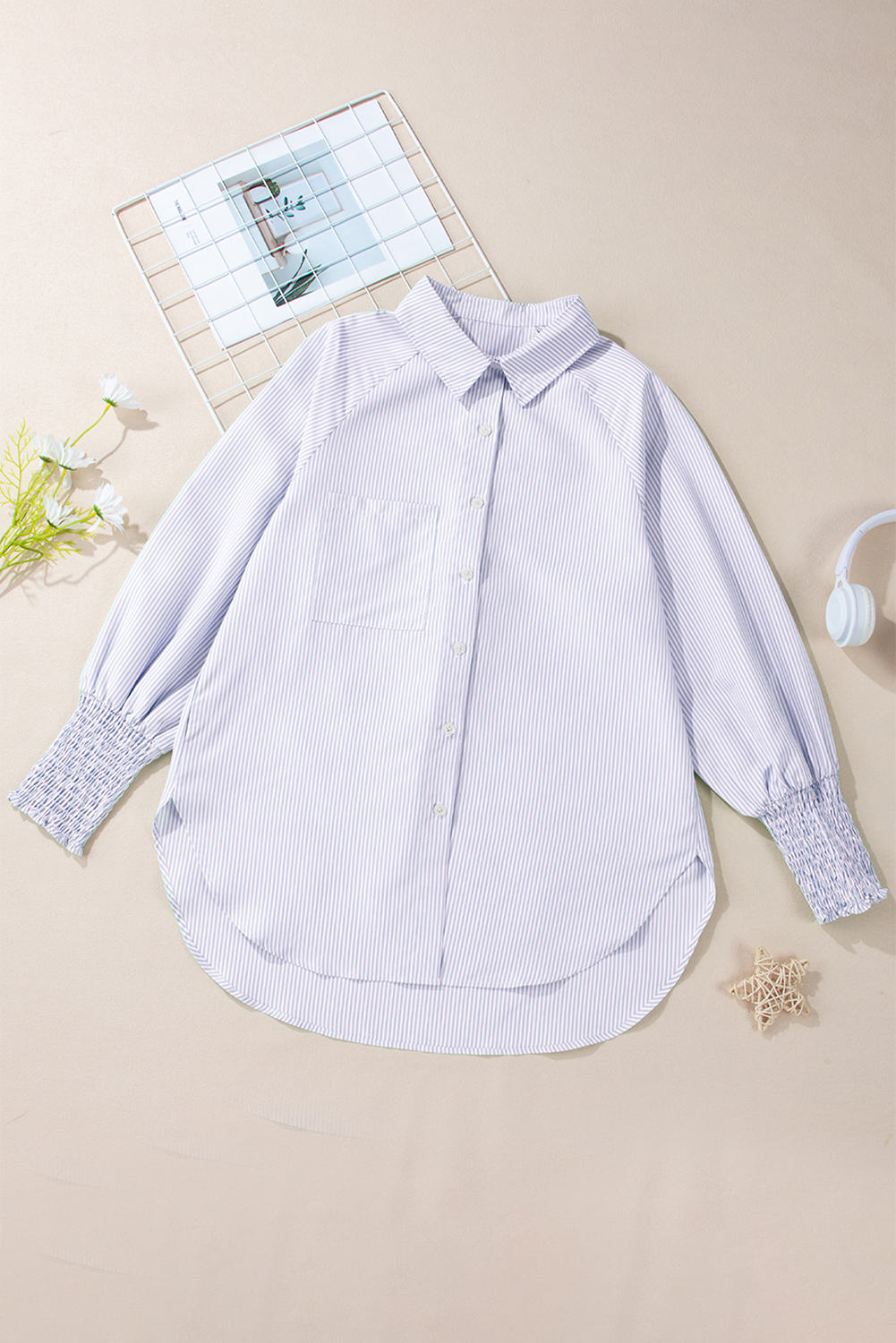 Grass Green Striped Shirred Cuff Buttoned Loose Fit Shirt