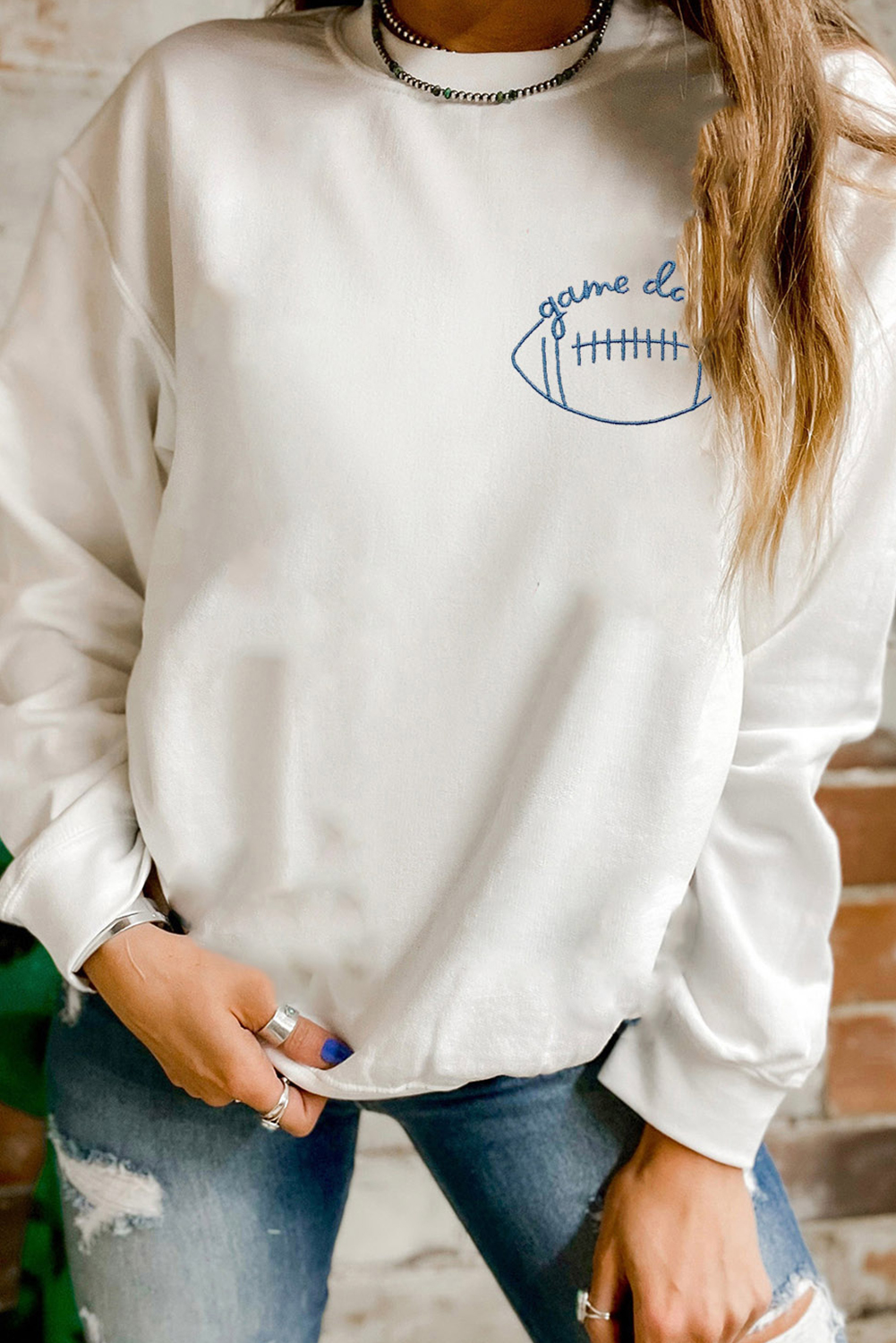 White game day Rugby Embroidered Casual Sweatshirt
