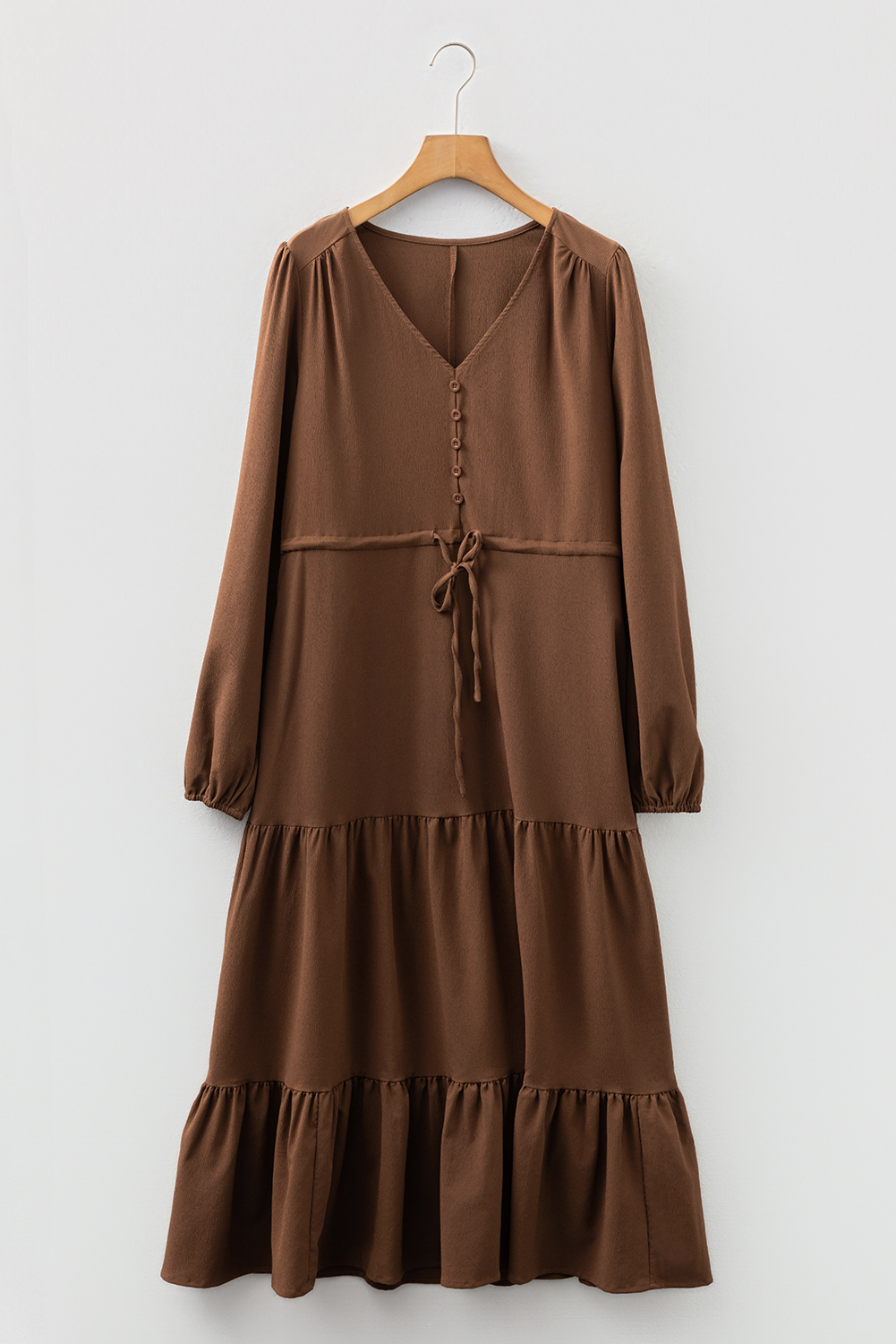 Blackish Green Solid Long Sleeve Button V Neck Tiered Maxi Dress