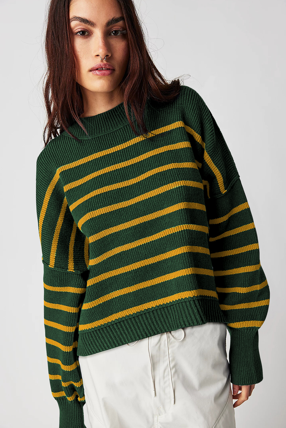 Green Stripe Ribbed Drop Shoulder Baggy Sweater