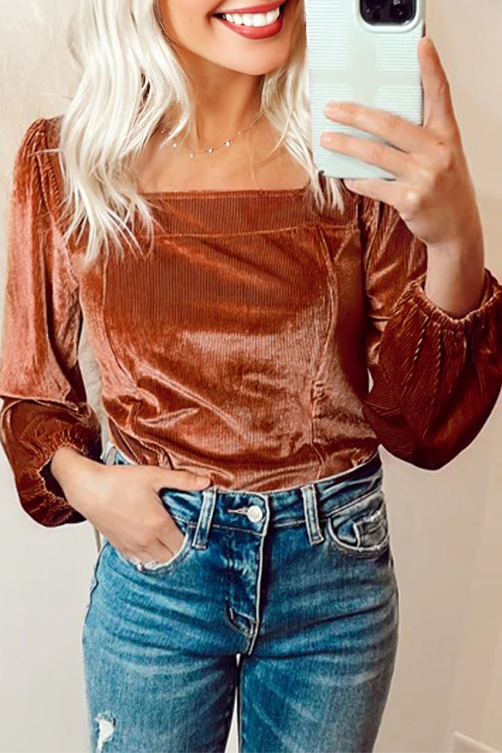Clay Velvet Ribbed Texture Square Neck Slim Puff Sleeve Top