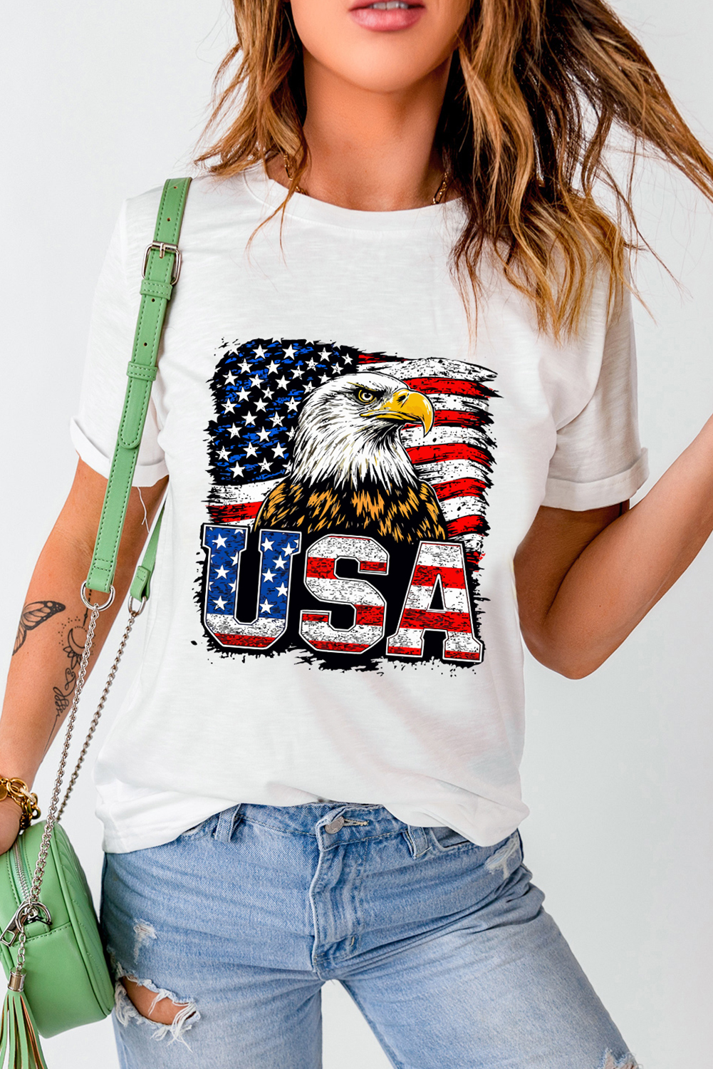 White USA Flag Eagle Graphic 4th July T Shirt