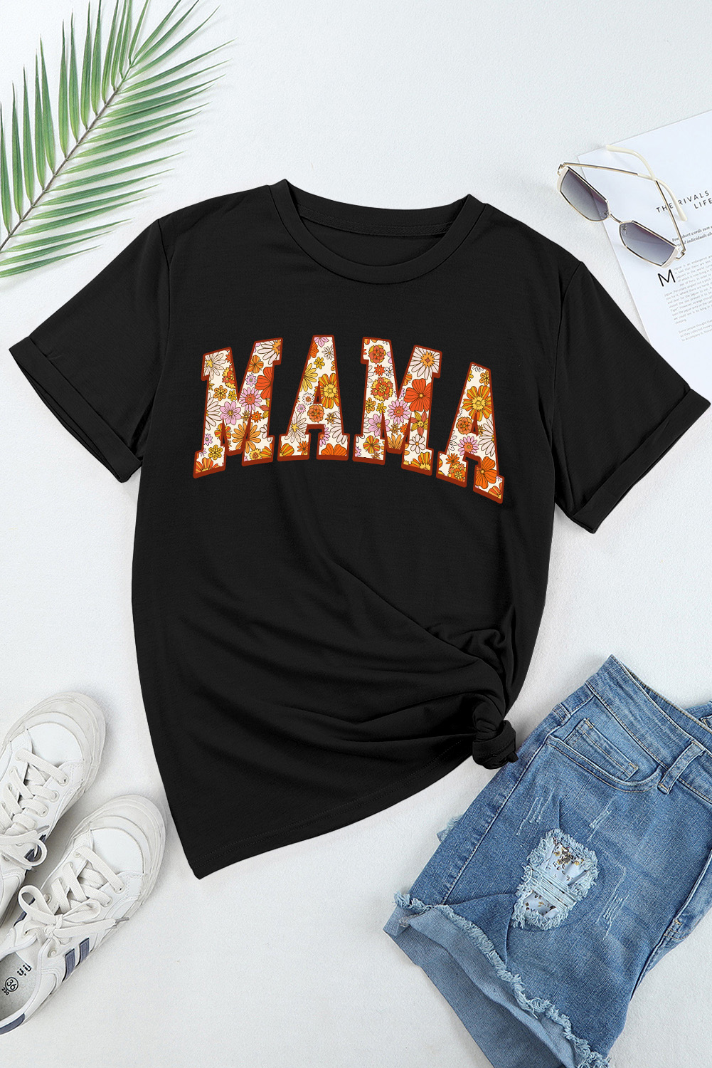 White MAMA Leopard Embroidered Crew Neck Graphic Tee