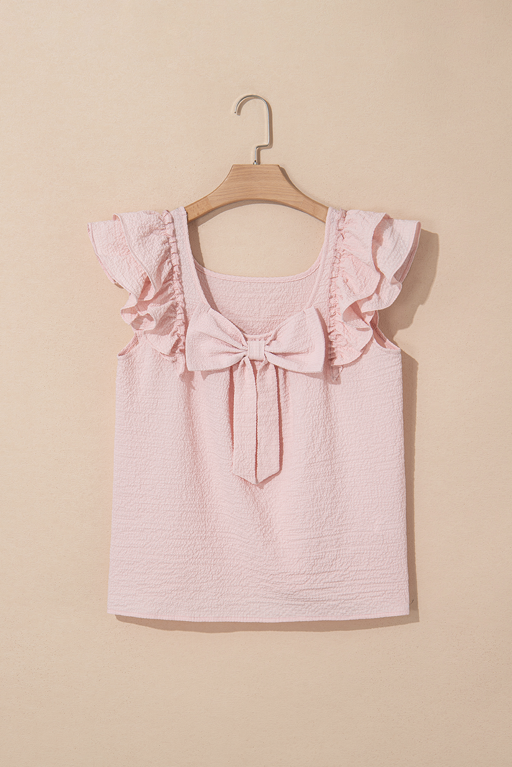 Beau Blue Textured Bow Knot Frilled Butterfly Sleeve Blouse