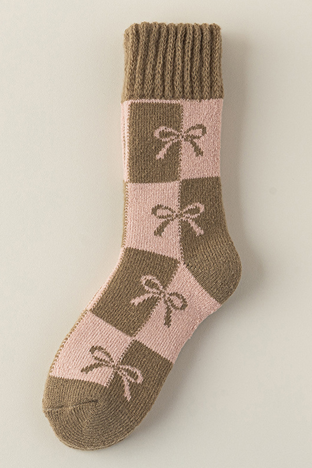 Sage Green Checkered Bowknot Printed Thermal Mid Calf Socks