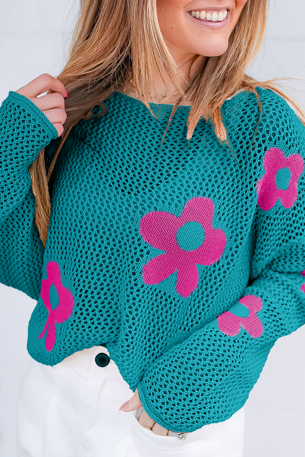 Light Pink Big Flower Hollowed Knit Drop Shoulder Sweater