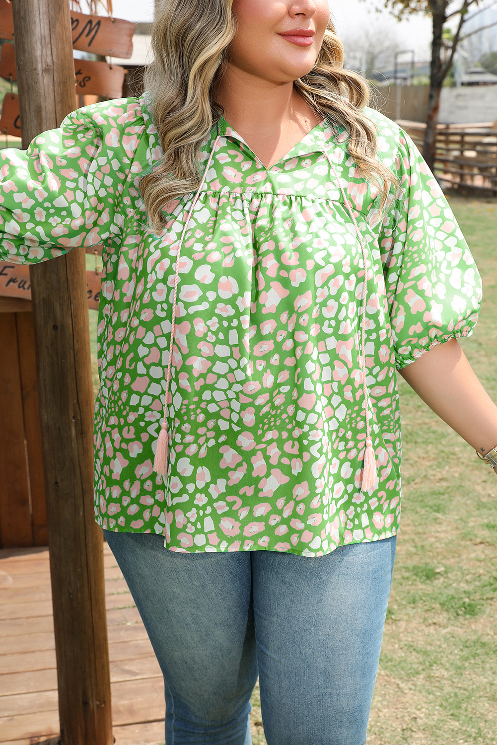 Green Abstract Leopard Tied Front Flutter Sleeve Blouse