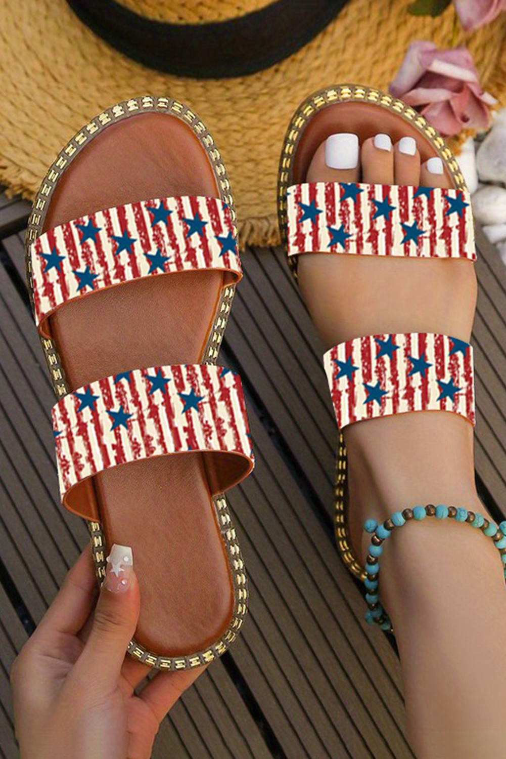 Black Rhinestone American Flag Thick Sole Slippers