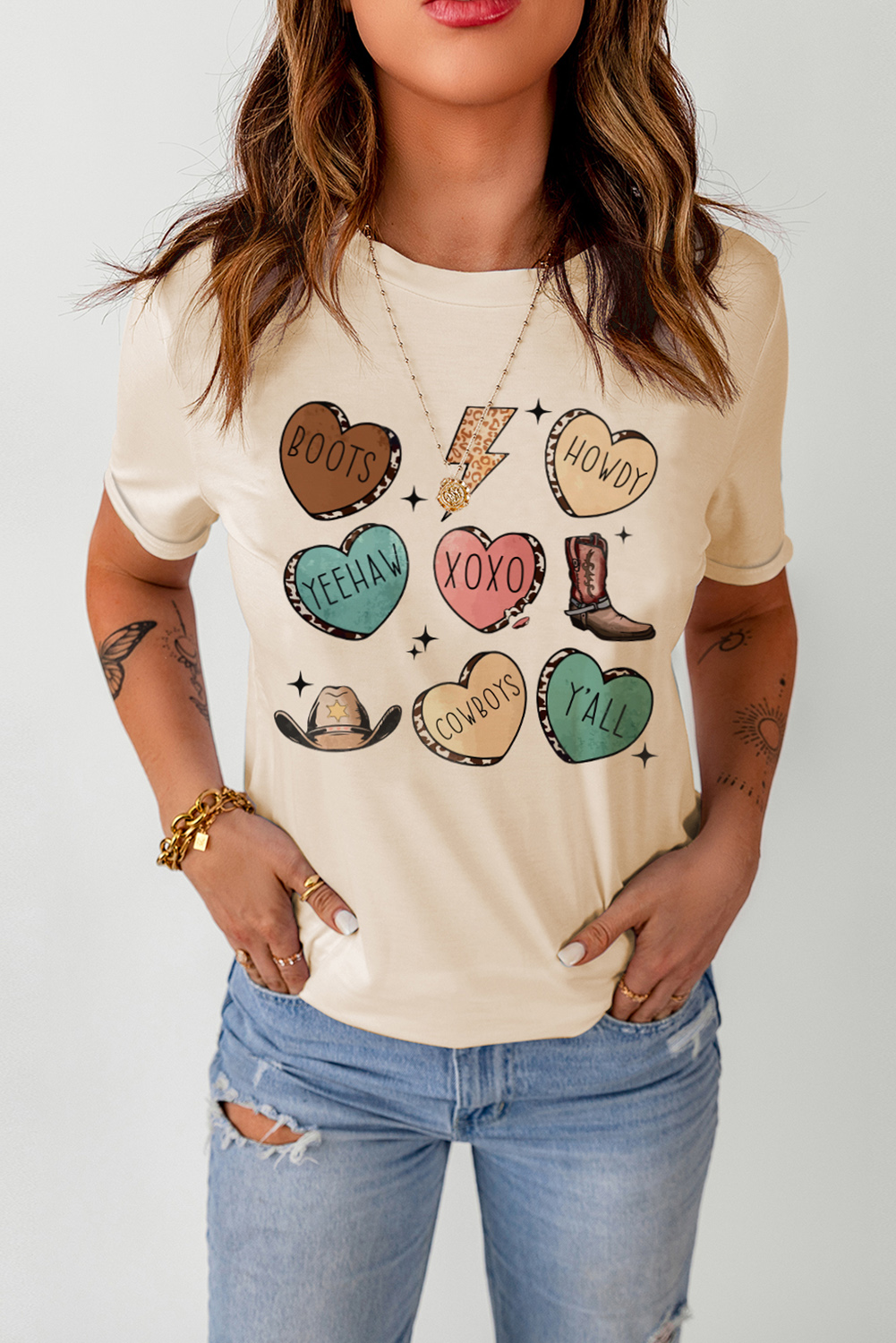 Red Leopard Striped Heart Shaped Print Crew Neck T Shirt