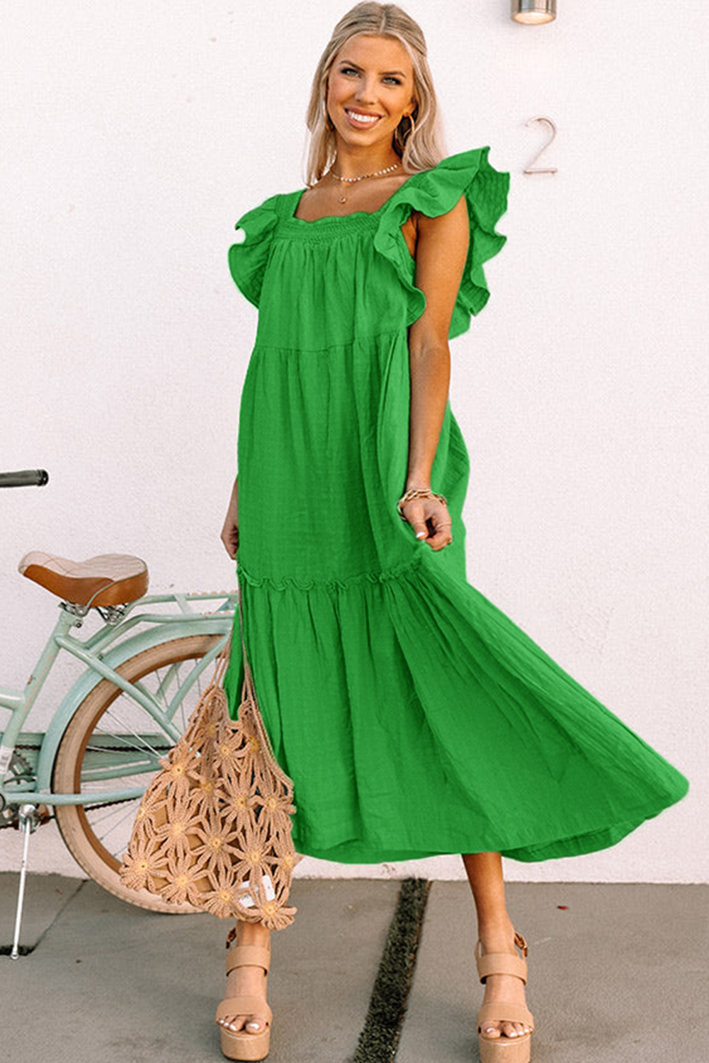 Sky Blue Ruffled Flutter Sleeve Square Neck Textured Tiered Maxi Dress