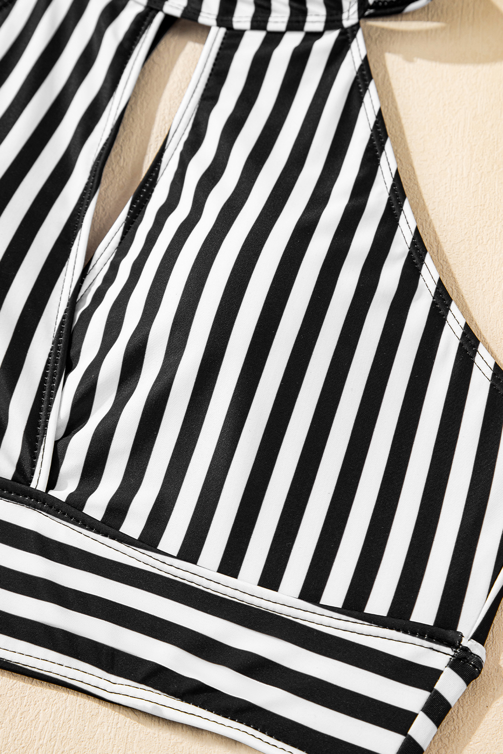 Black Striped Halter Top Drawstring Ruched High Waisted Bikini