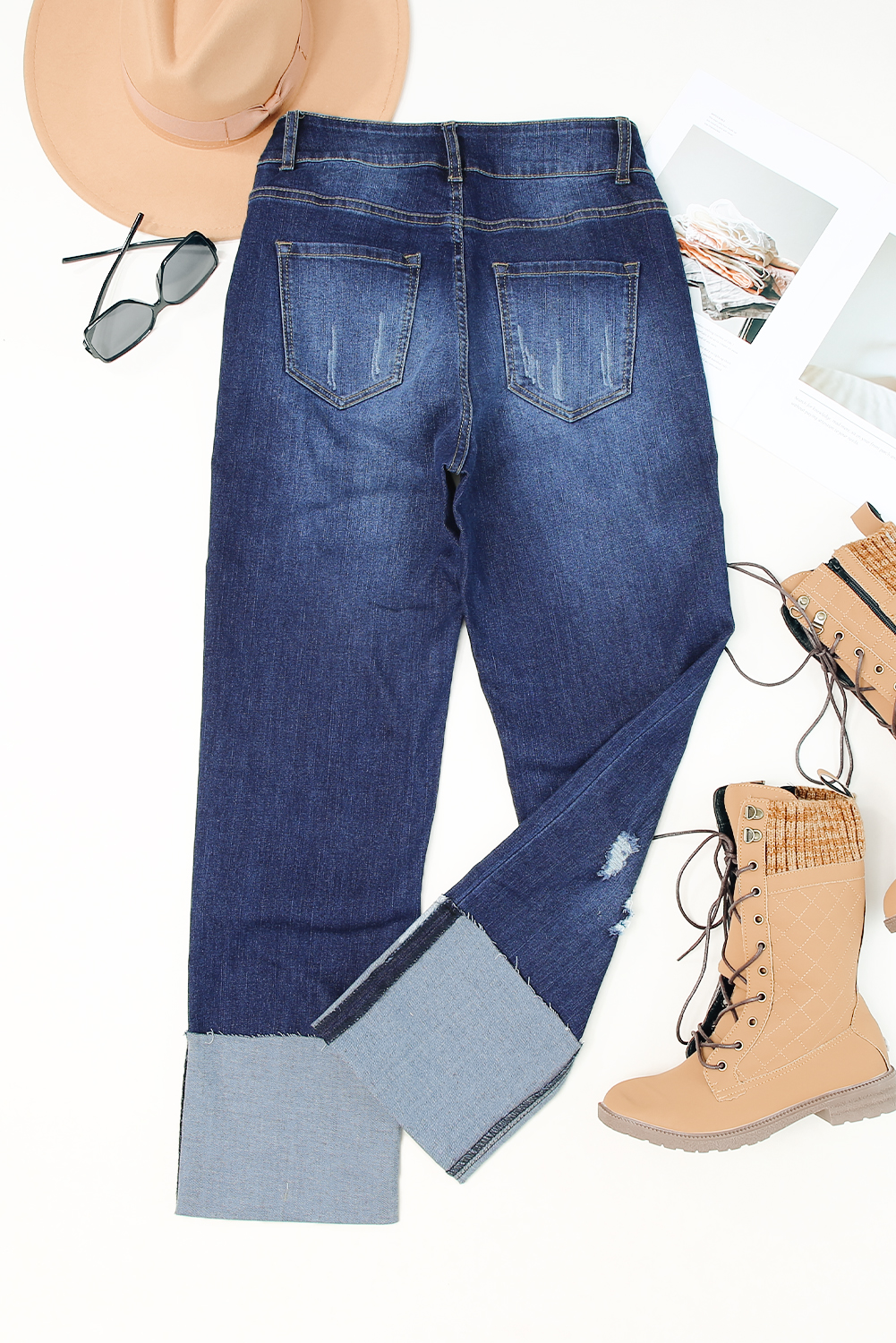 High Waist Distressed Straight Leg Jeans