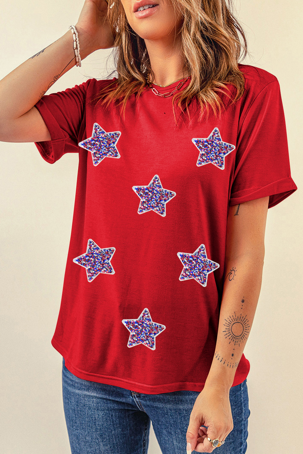 Red July 4th Fashion Sequin Star Graphic T Shirt