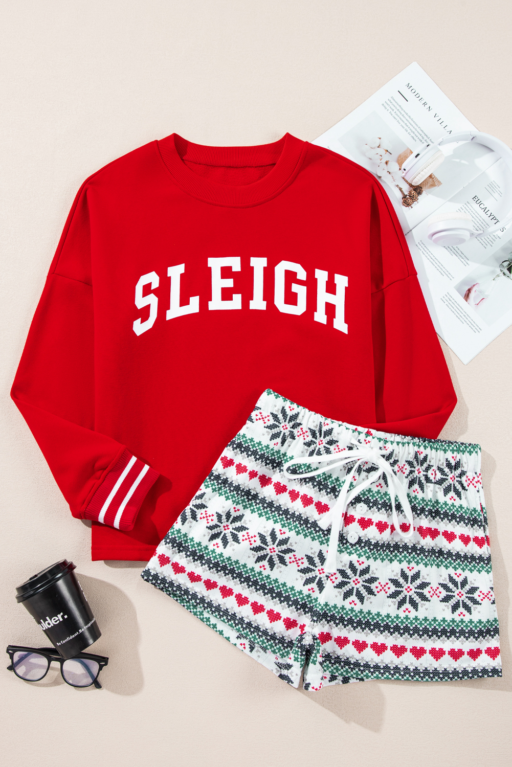 Fiery Red SLEIGH Snowflake Print Long Sleeve Wide Leg Lounge Set