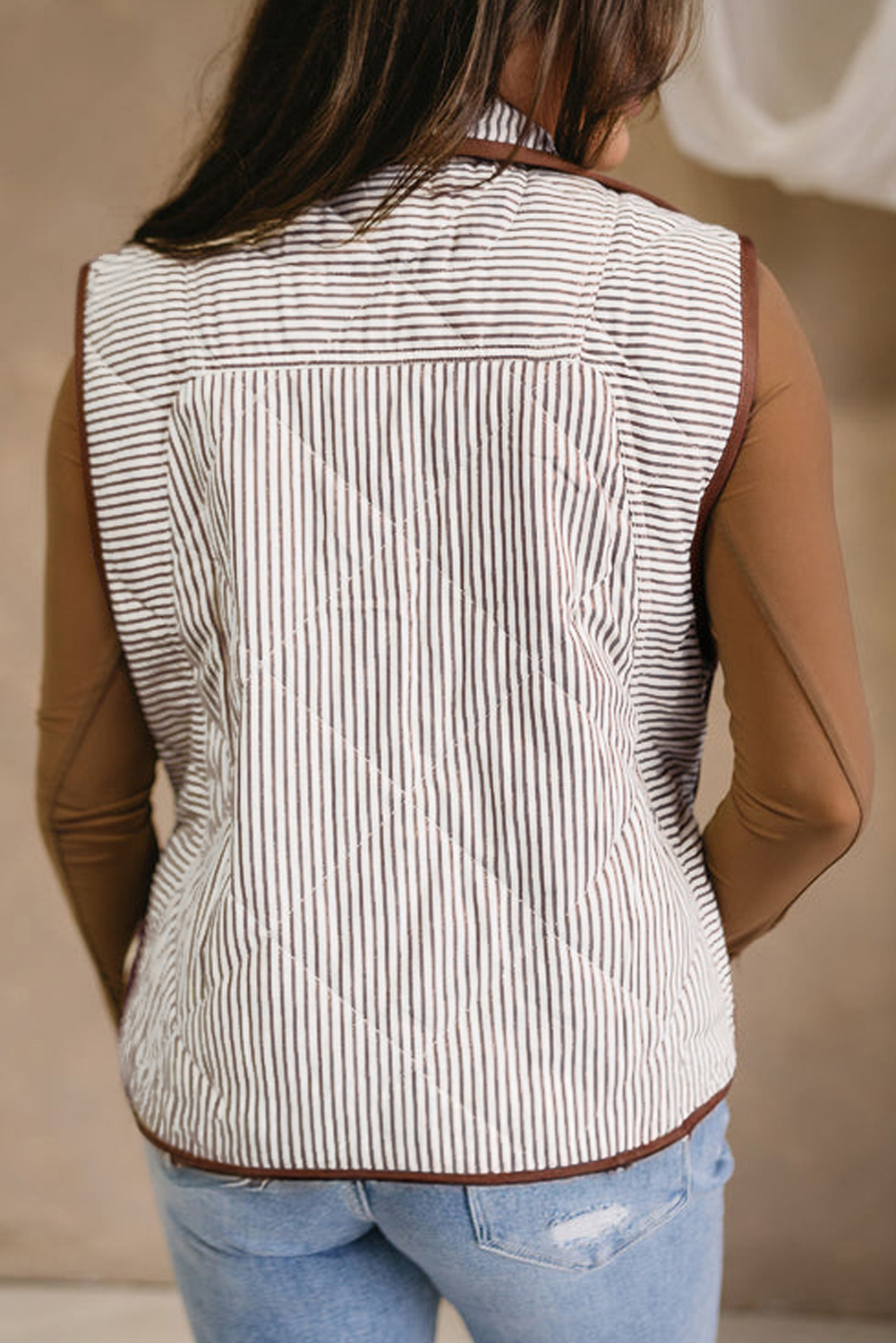 Black Stripe Contrast Trim Snap Button Collared Winter Vest
