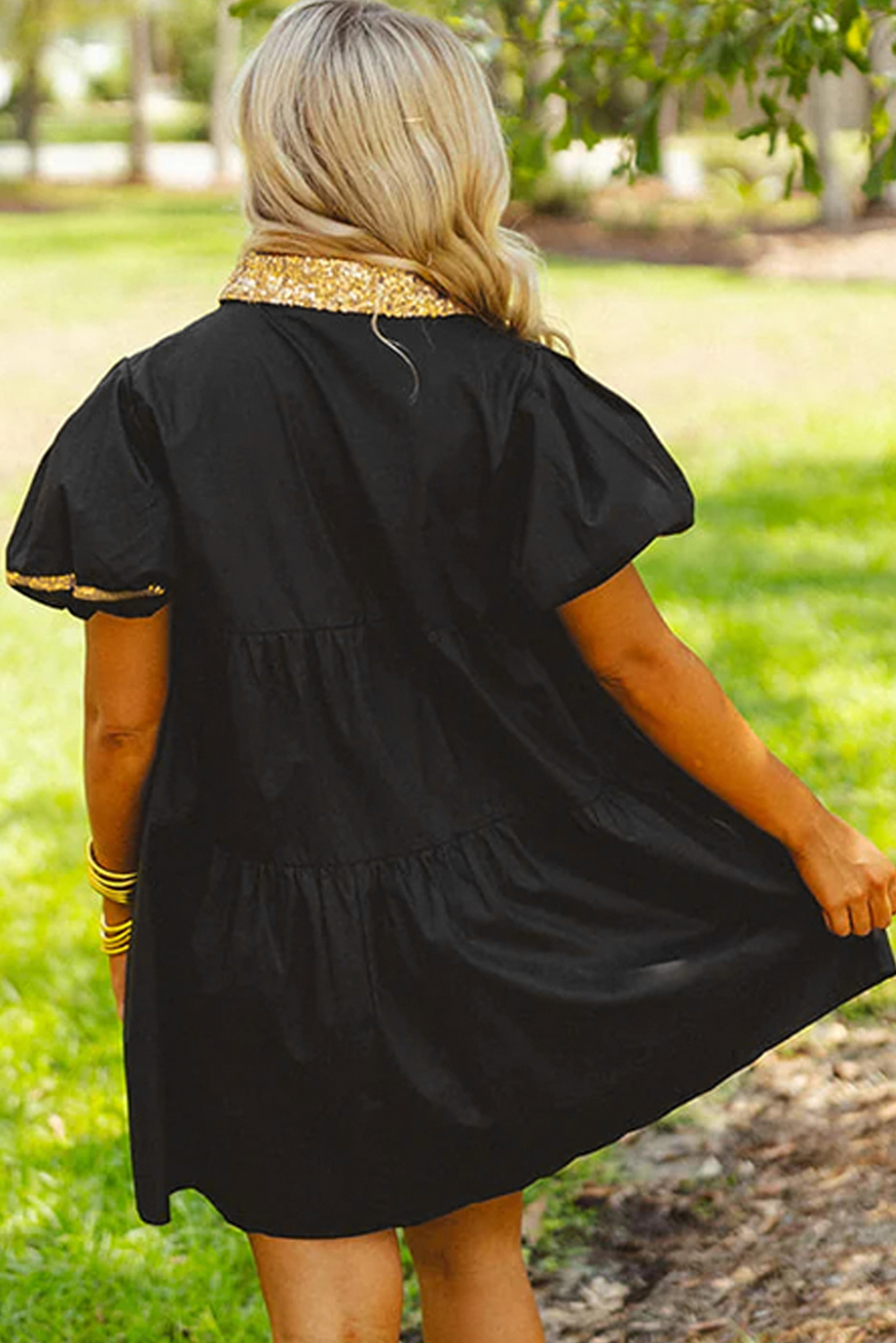 Black Sequin Trim Bubble Sleeve Game Day Shirt Dress