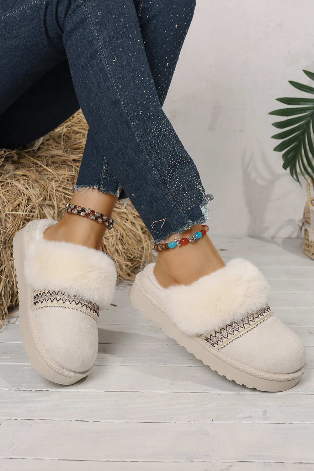 White Faux Suede Plush Trim Ethnic Mule Slippers