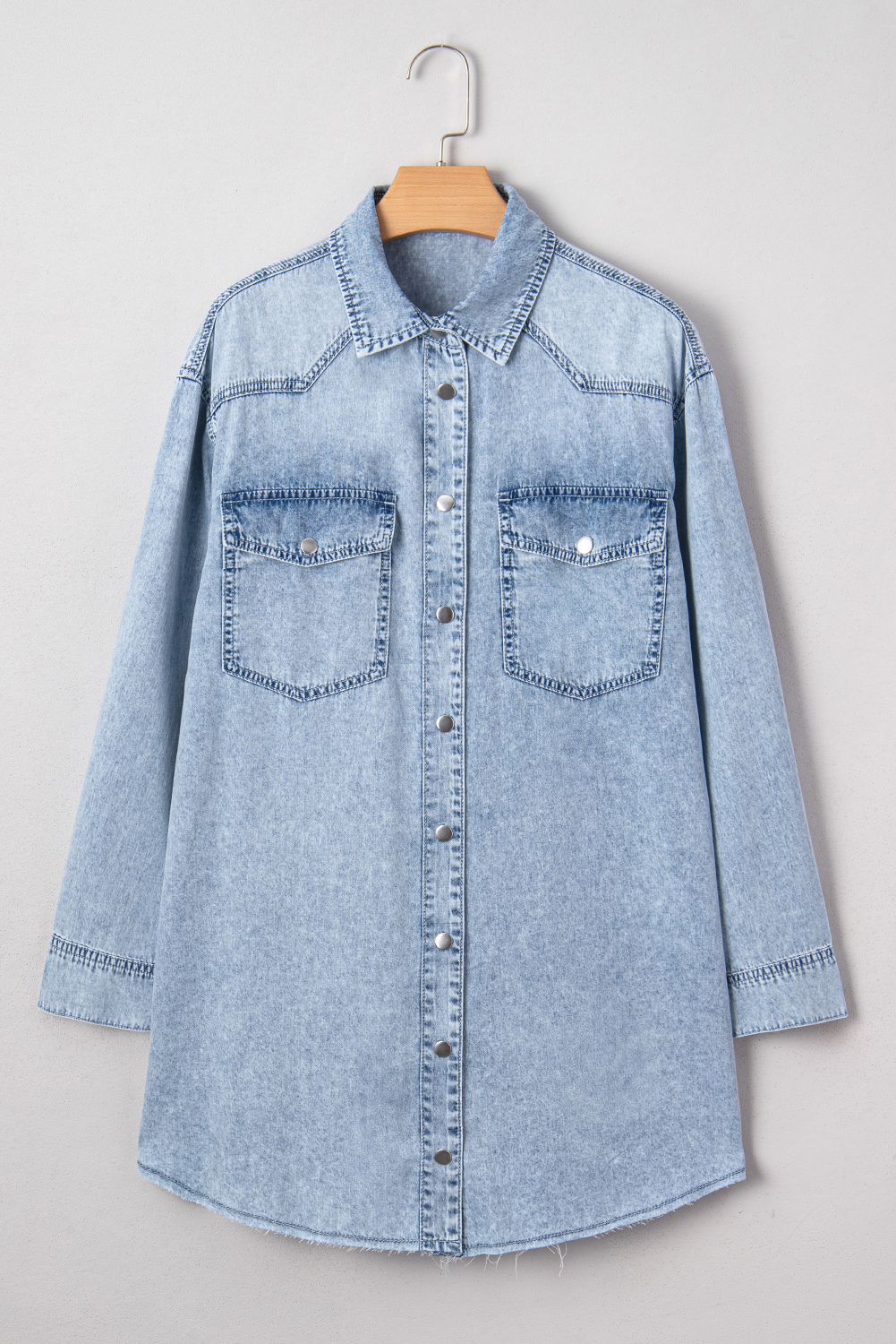 Blue Beau Chest Pocket Raw Hem Denim Loose Shirt Dress