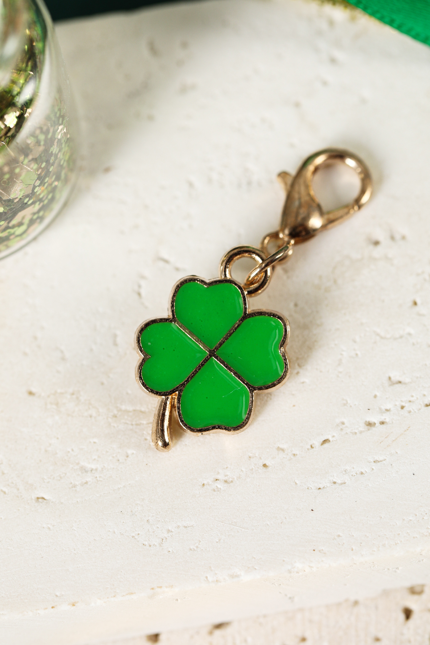 Green Enamel Lucky Clover Key Buckle St Patricks Day Lobster Clasp Pendant