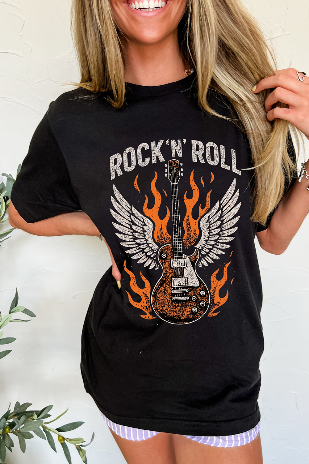 Black Guitar Wings Slogan Print Crew Neck T Shirt