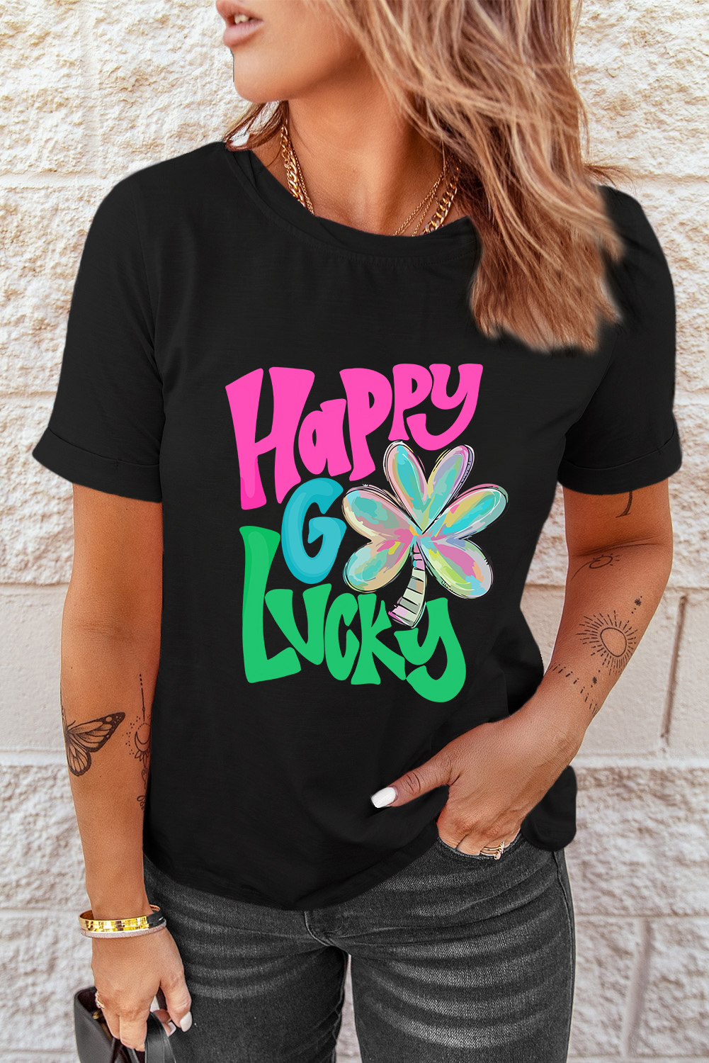 Black St. Patricks Lucky Clover Print O Neck T Shirt