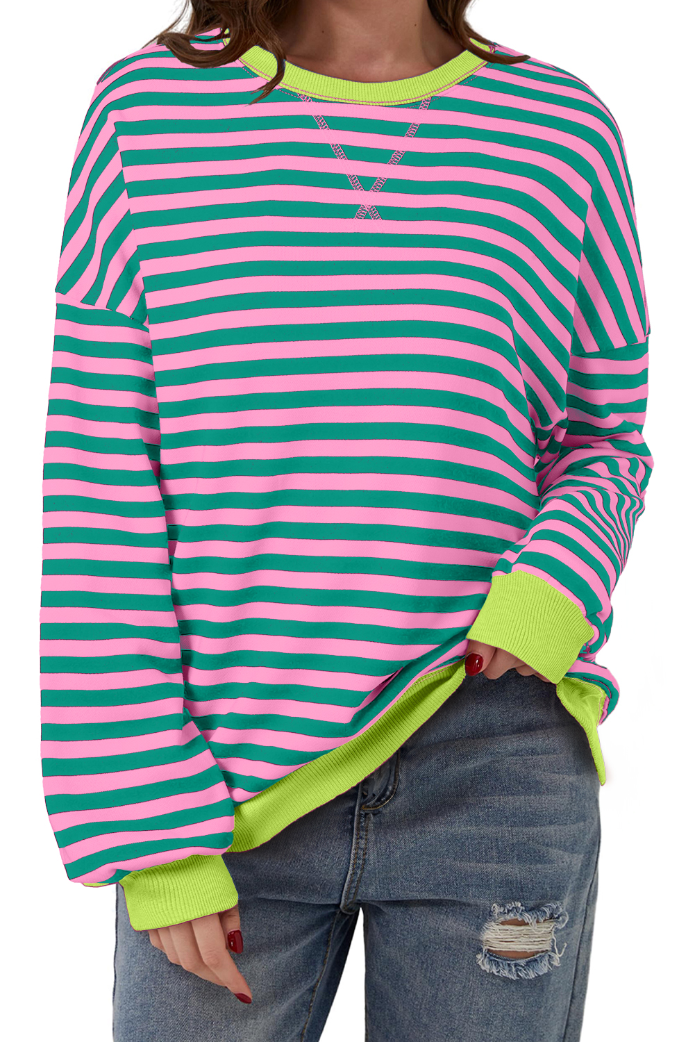 Red Stripe Contrast Ribbed Trim Crossed Stitch Drop Shoulder Sweatshirt