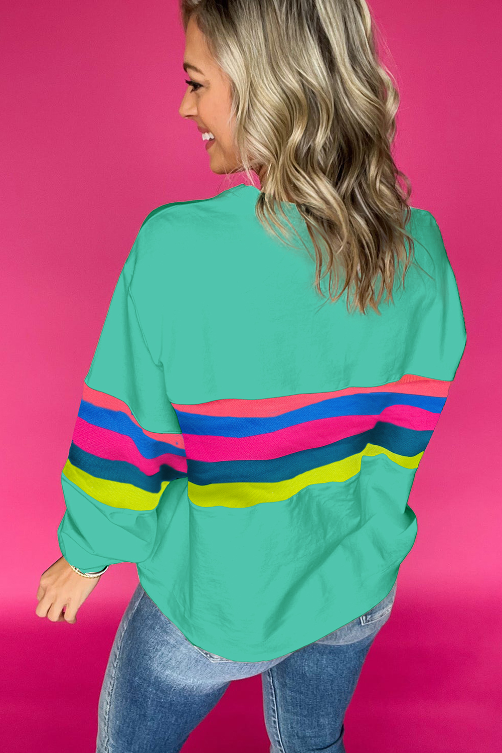 White Plus Size Colorful Striped Drop Shoulder Loose Sweatshirt