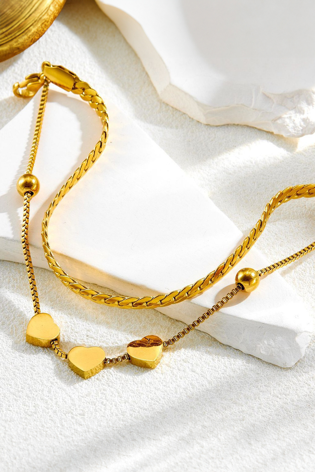 Gold Triple Heart Double Layer Adjustable Chain Bracelet
