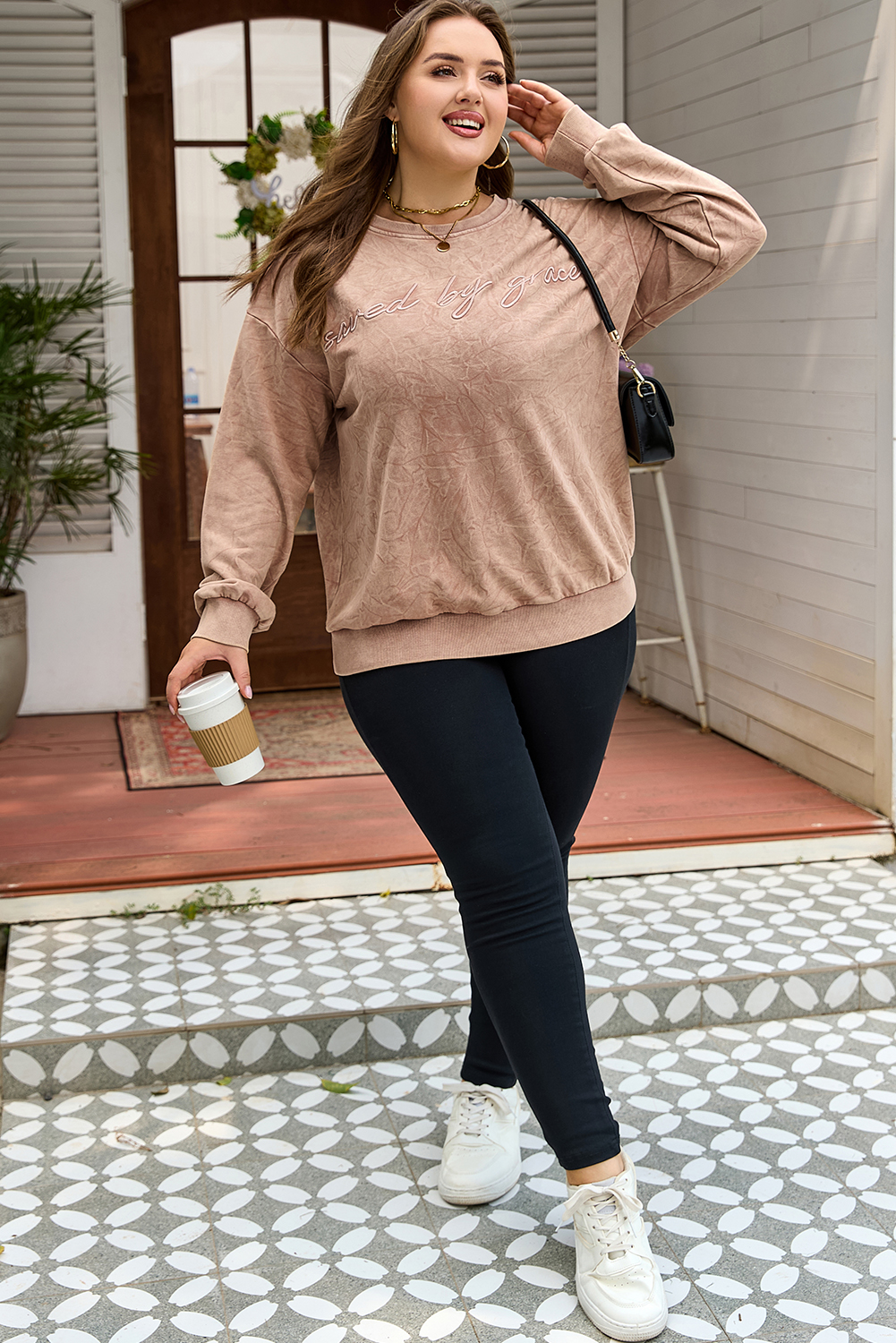 DUNE saved by grace Letter Embroidery Mineral Wash Loose Sweatshirt