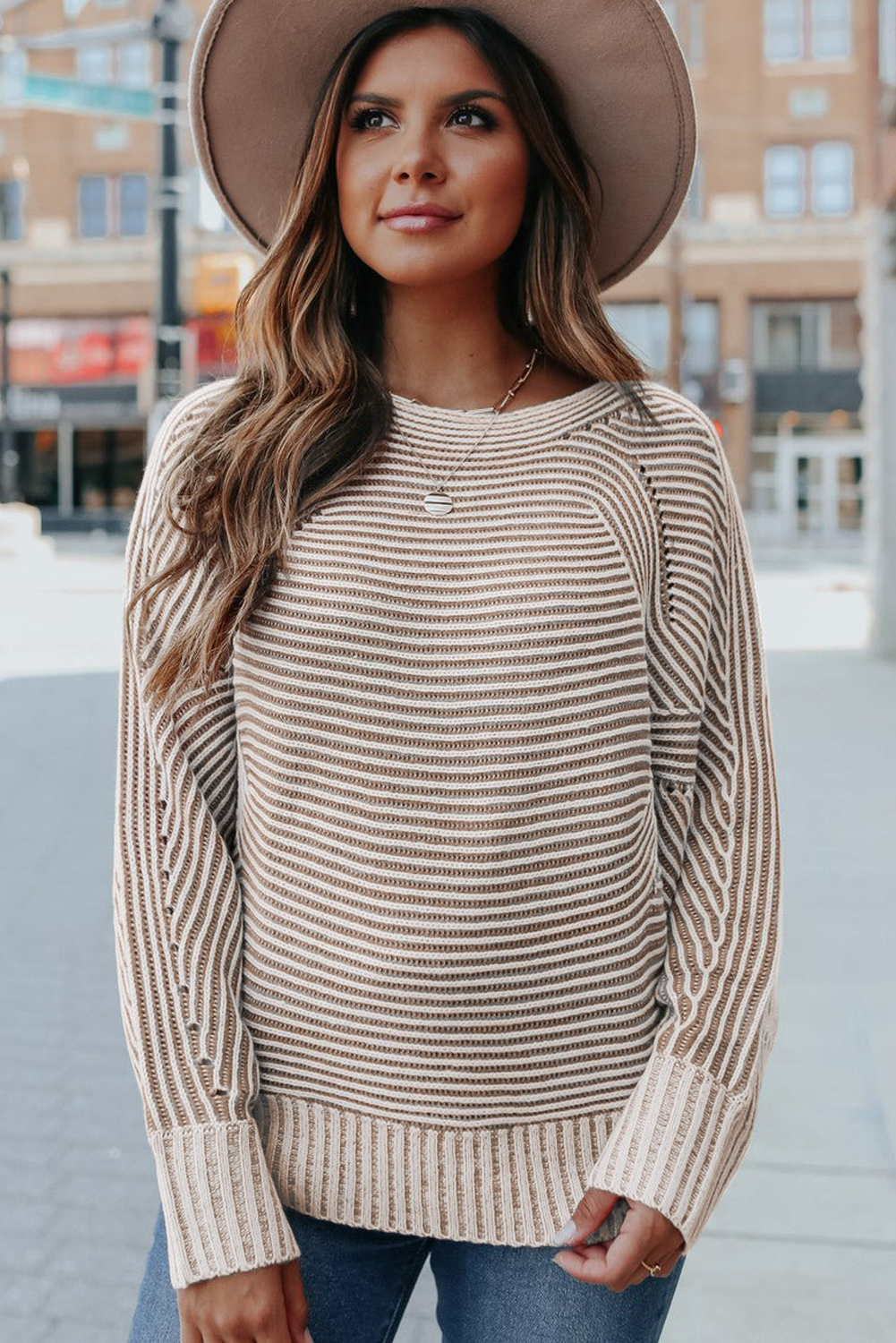Coffee Striped Print Ribbed Knit Boat Neck Baggy Sweater