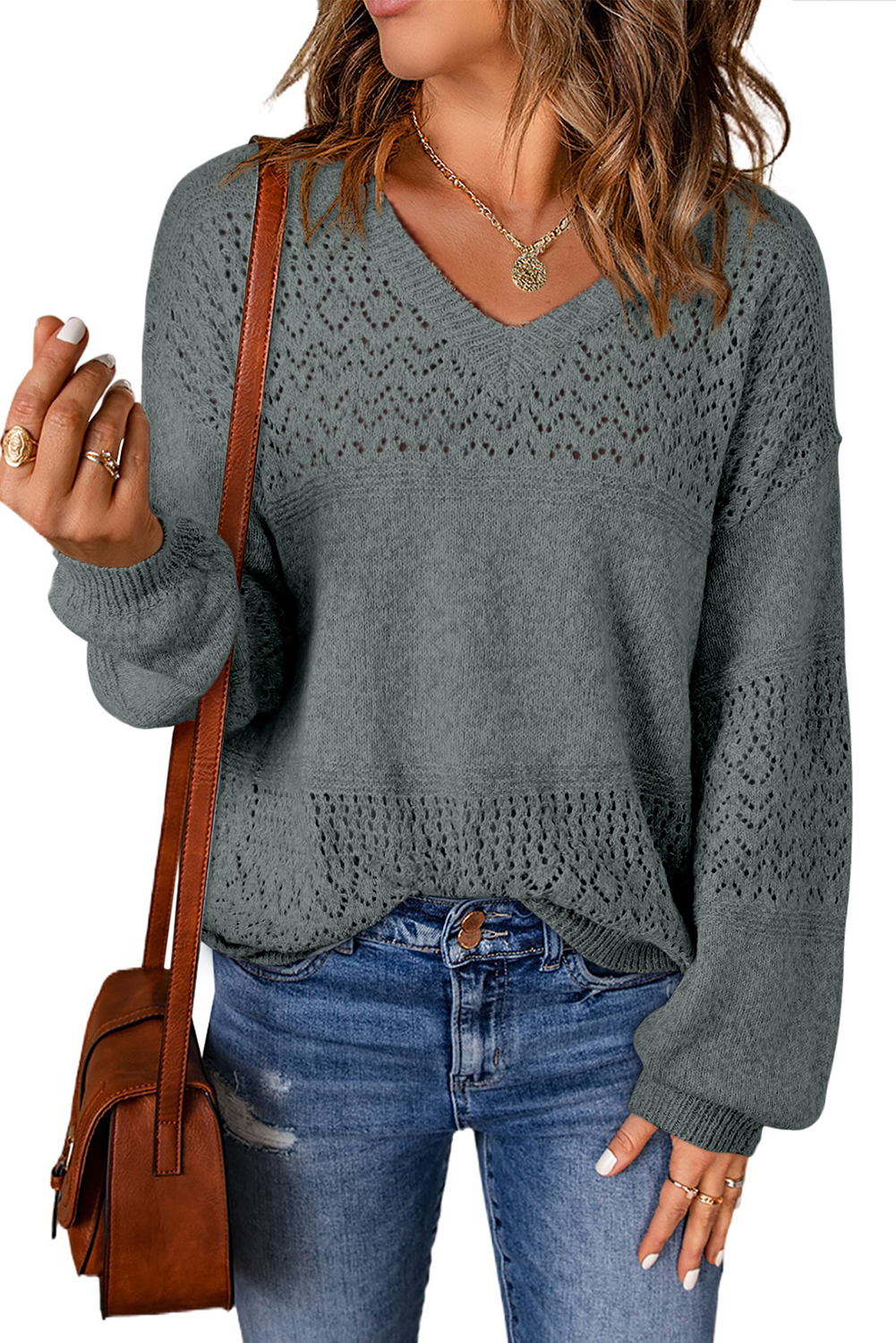 Sky Blue Eyelet Pattern Detail V Neck Drop Shoulder Sweater