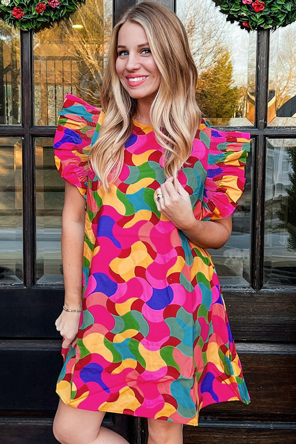 Rose Red Dramatic Ruffle Sleeve Smock Neck Wavy Print Top