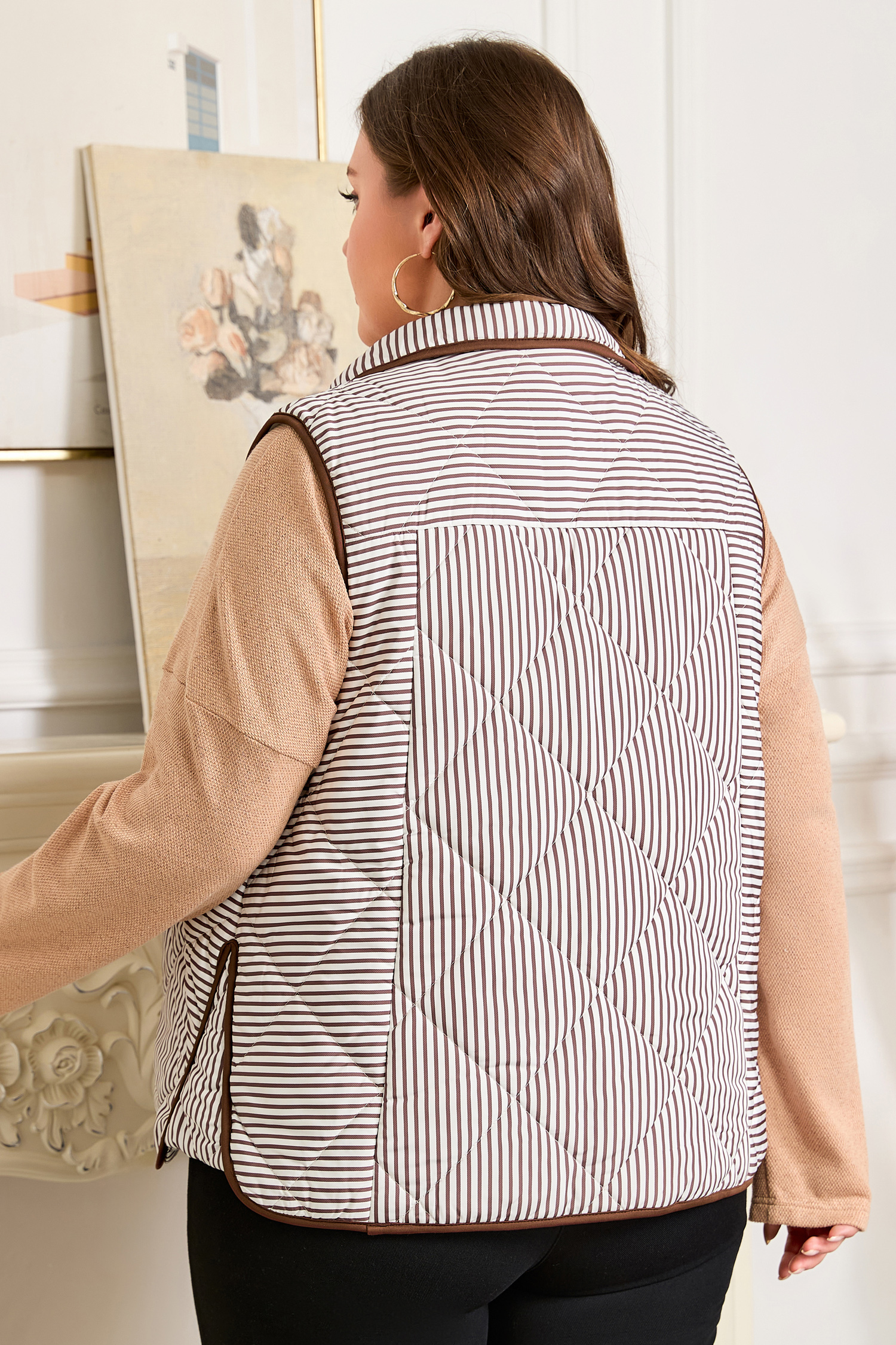 Black Stripe Contrast Trim Snap Button Collared Winter Vest
