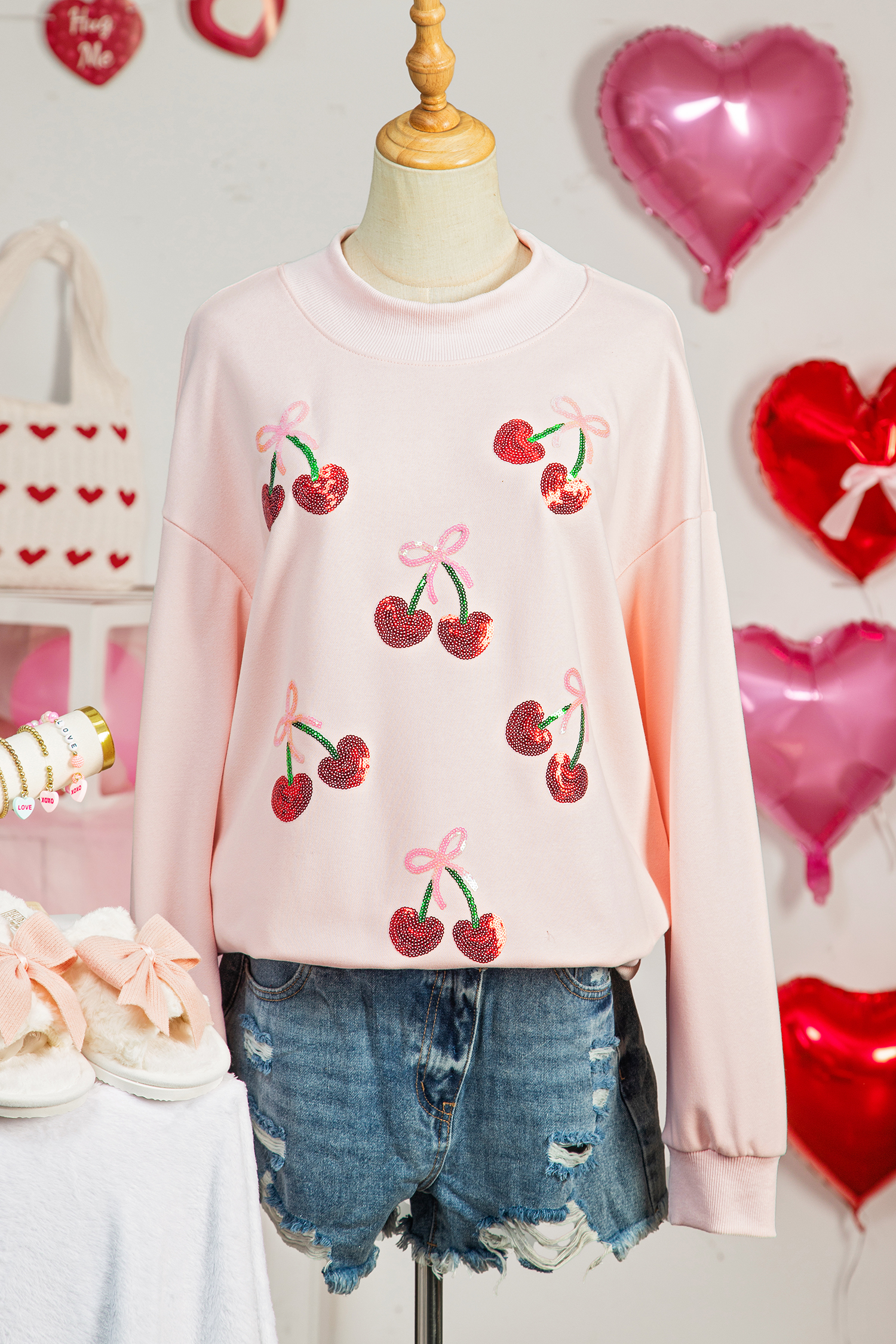 Apricot Pink Cowgirl Element Embroidered Detail Mock Neck Sweatshirt
