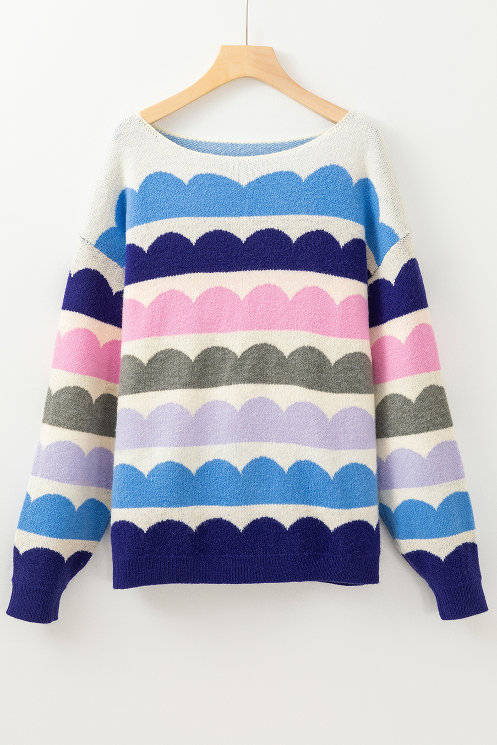 Rose Red Wave Striped Balloon Sleeve Drop Shoulder Sweater