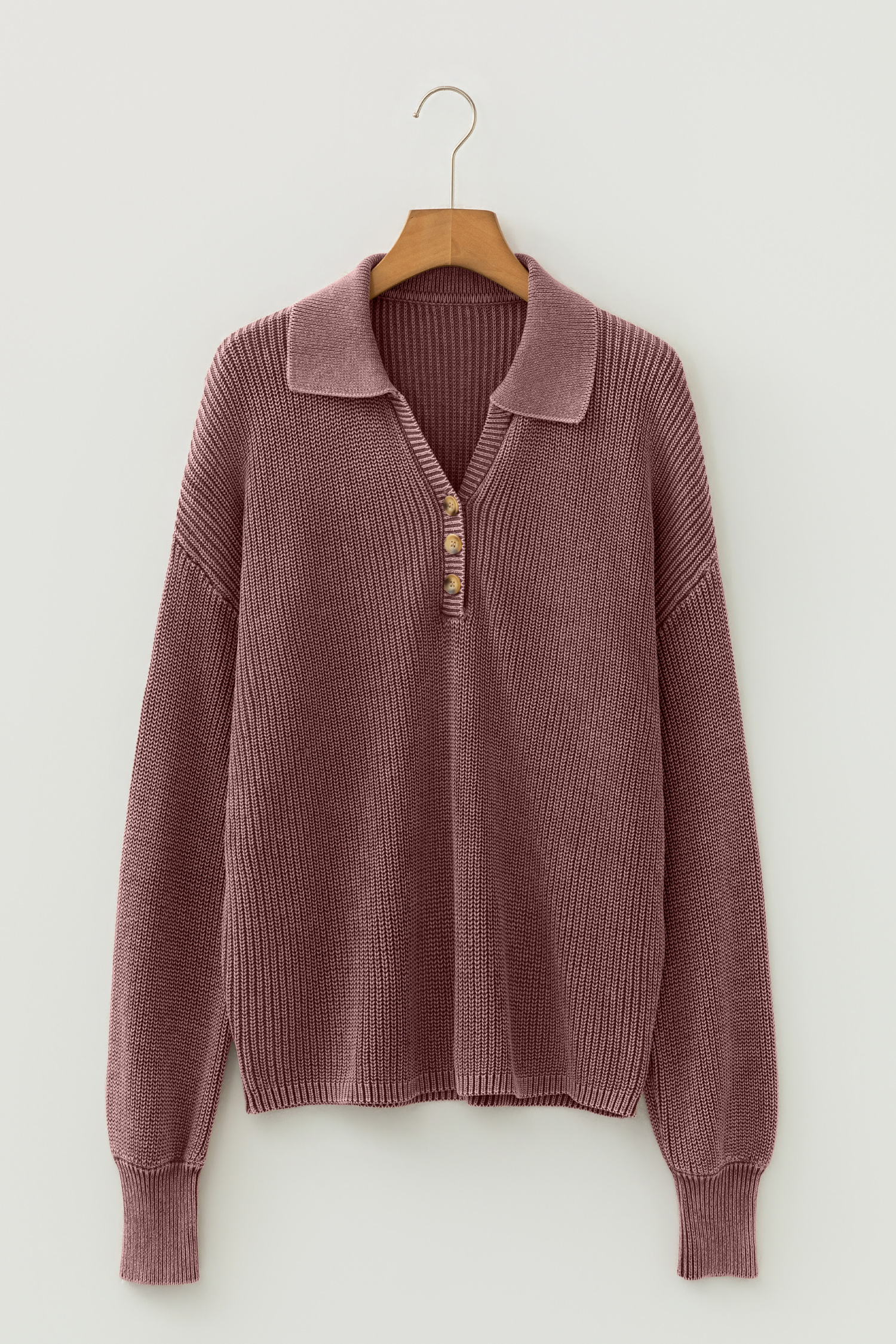 Dark Brown Mineral Washed Knit Button Polo Collar Loose Sweater