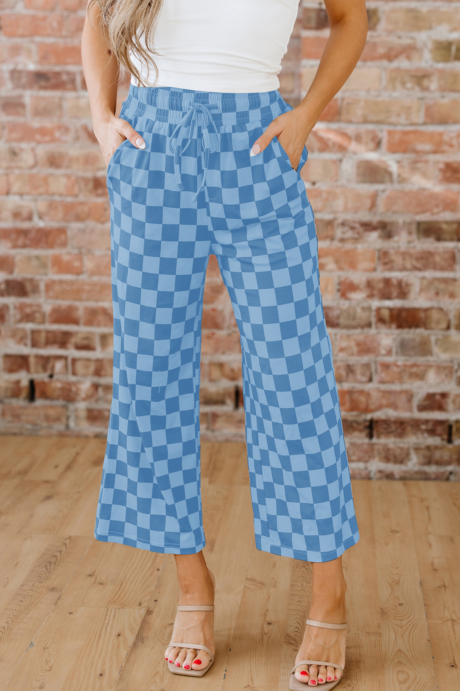 Khaki Checkered Elastic High Waist Loose Casual Pants