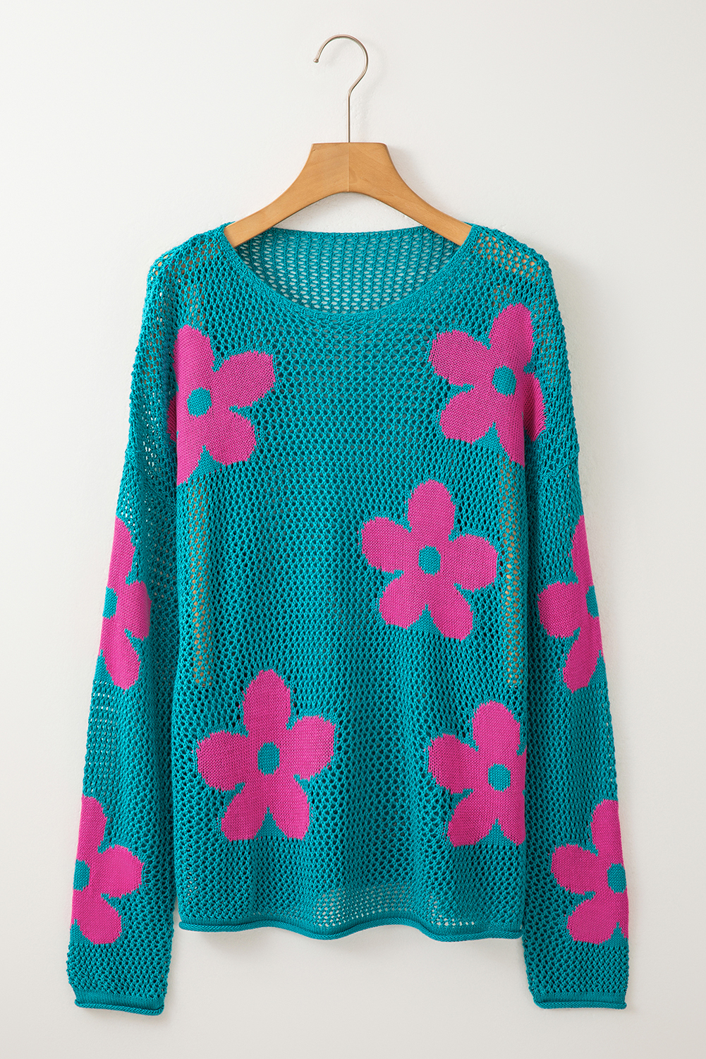 Light Pink Big Flower Hollowed Knit Drop Shoulder Sweater
