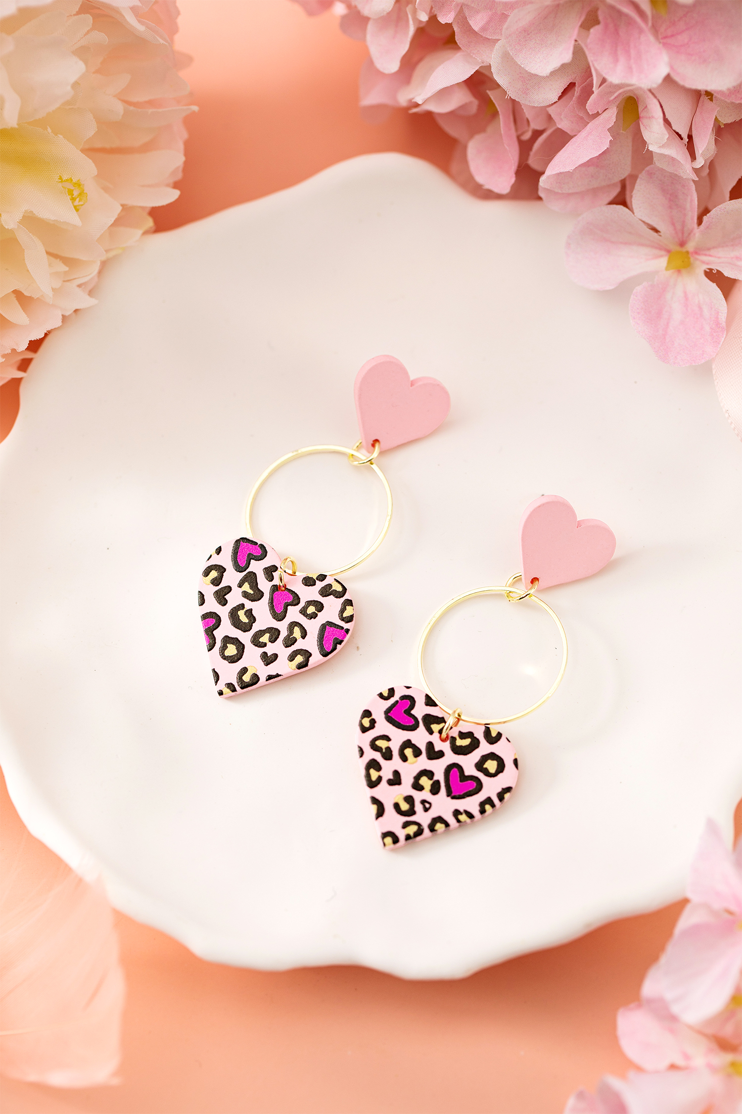 Pink Leopard Double Heart Golden Hoop Dangle Earrings