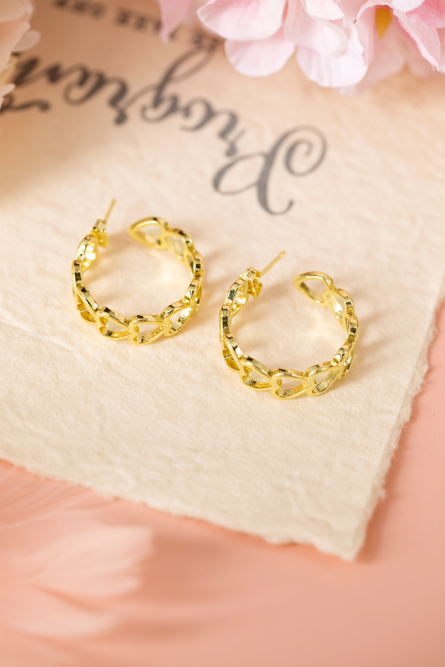 Gold Plated Heart Link Hoop Stud Earrings