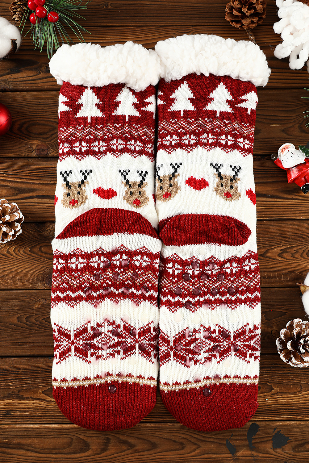Fiery Red Christmas Cartoon Pattern Woolen Knit Socks