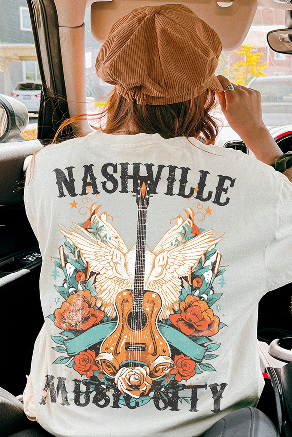 White NASHVILLE MUSIC CITY Guitar Wings Graphic Tee