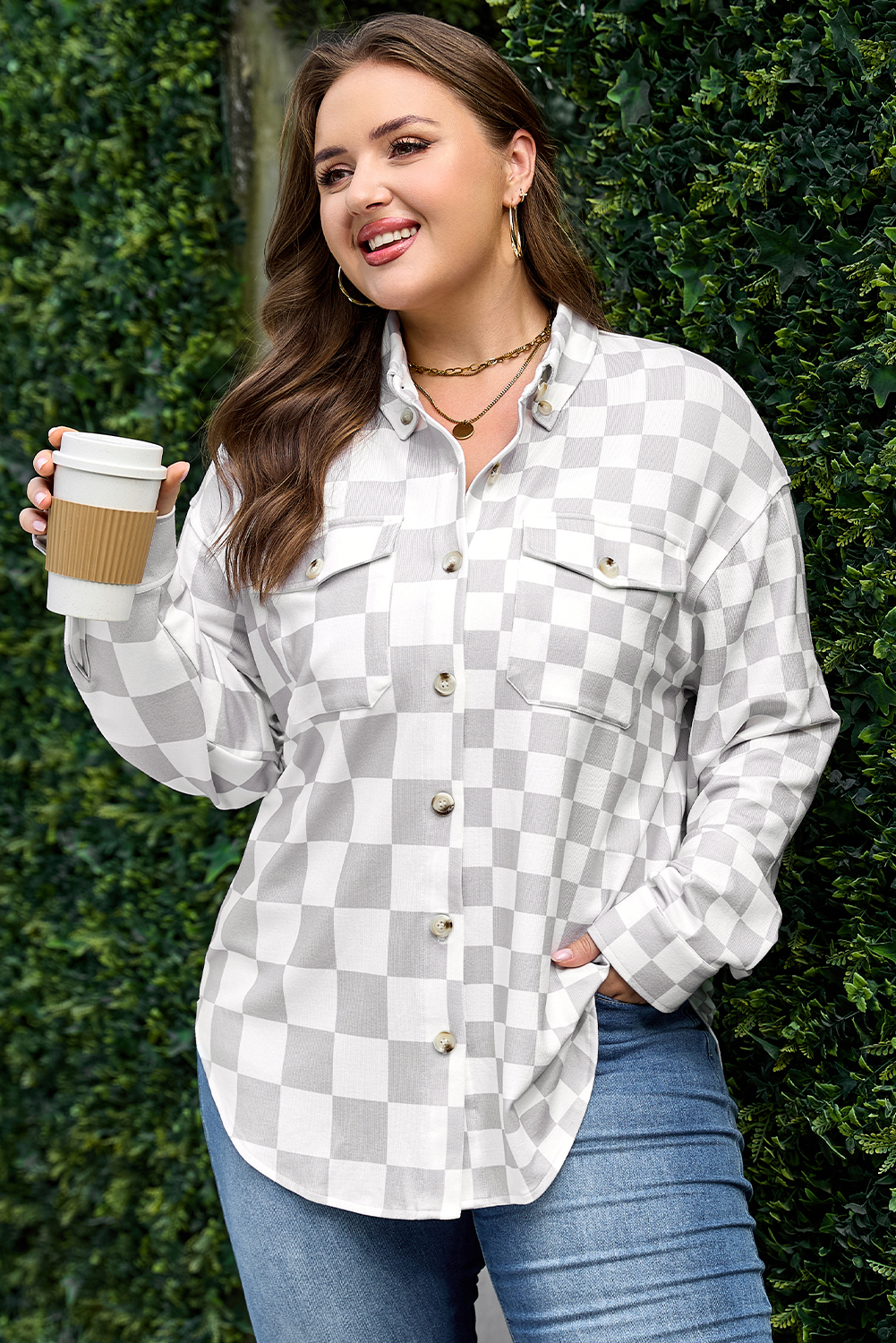 Khaki Checkerboard Flap Pocket Button Front Shacket