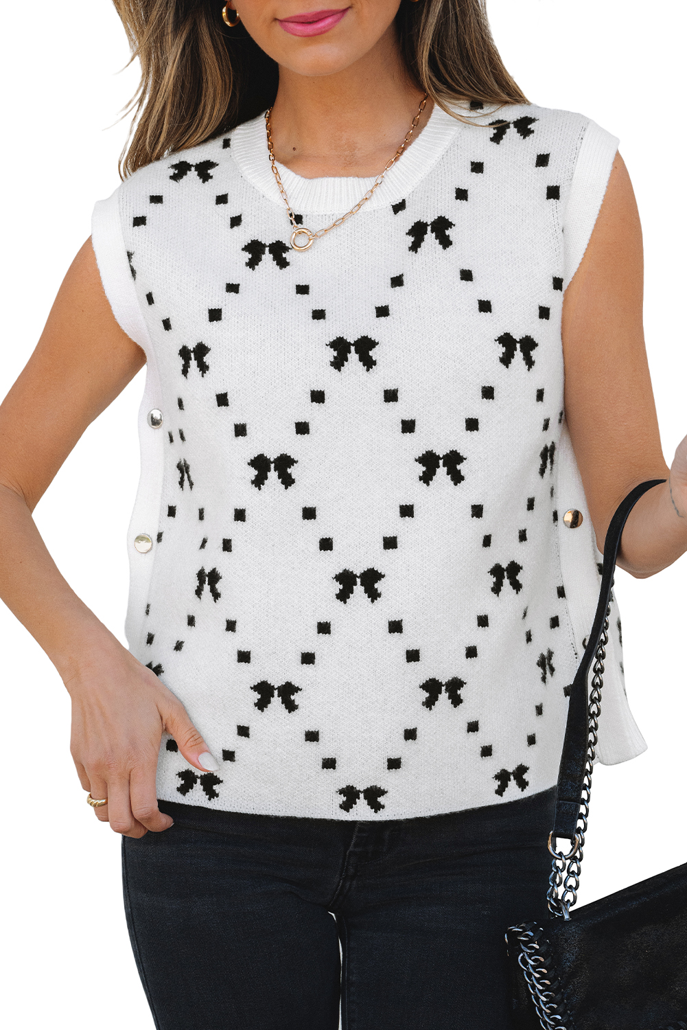 Black Preppy Vibes Bow Print Zipped Collar Sweater Tee