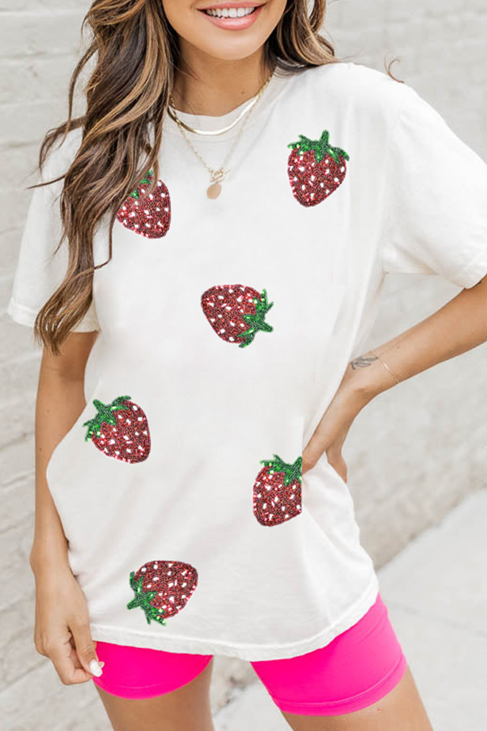 White Sequin Bow Strawberry Graphic Crew Neck T Shirt
