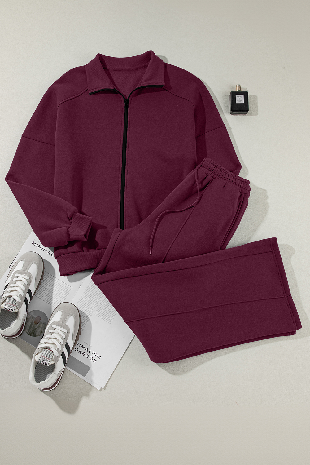 Navy Blue Drop Shoulder Zip Up Jacket Drawstring Pants Active 2pcs Set
