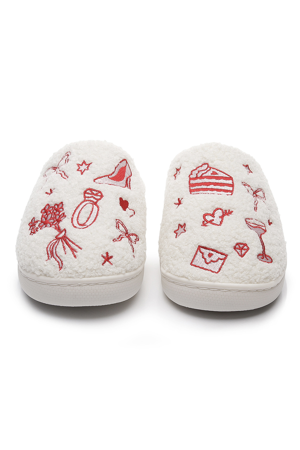 Fiery Red Plush Asymmetric Wedding Doodles Embroidered Slippers
