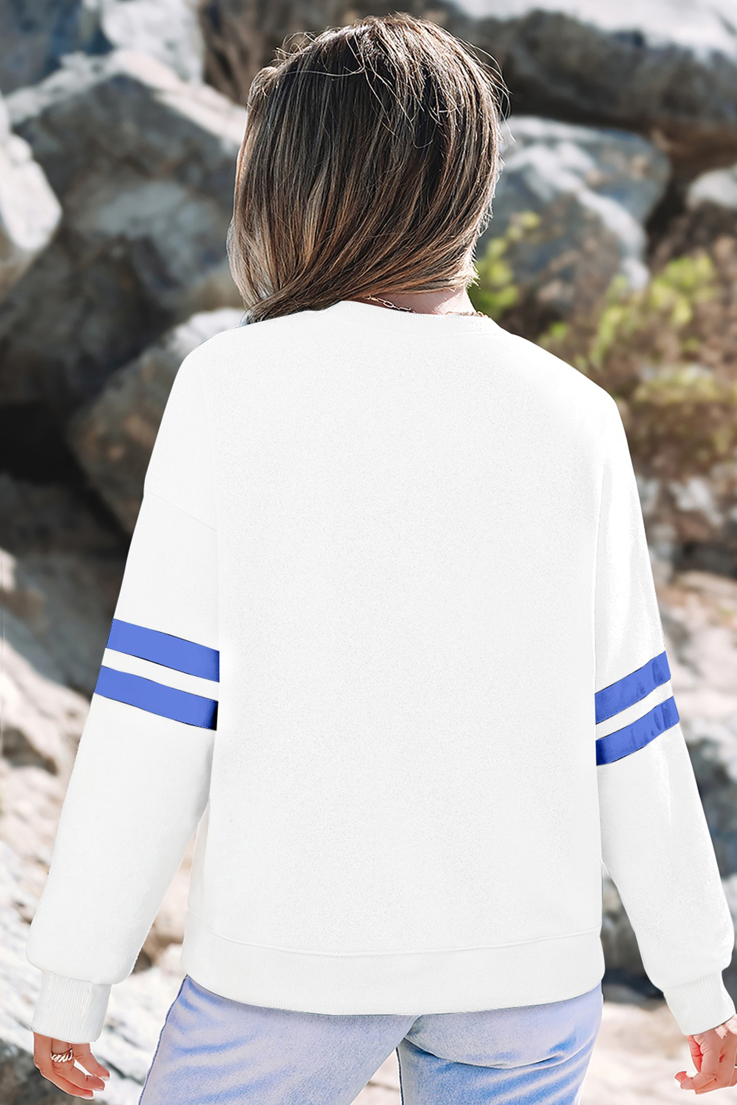 White TEXAS Letter Print Varsity Striped Sleeve Casual Sweatshirt