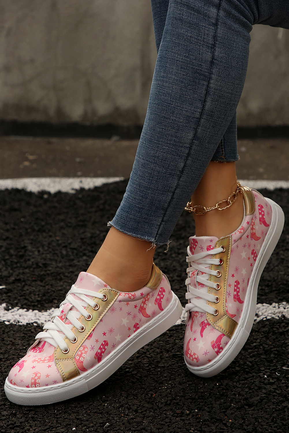 Pink Boots Print PU Leather Lace-up Shoes