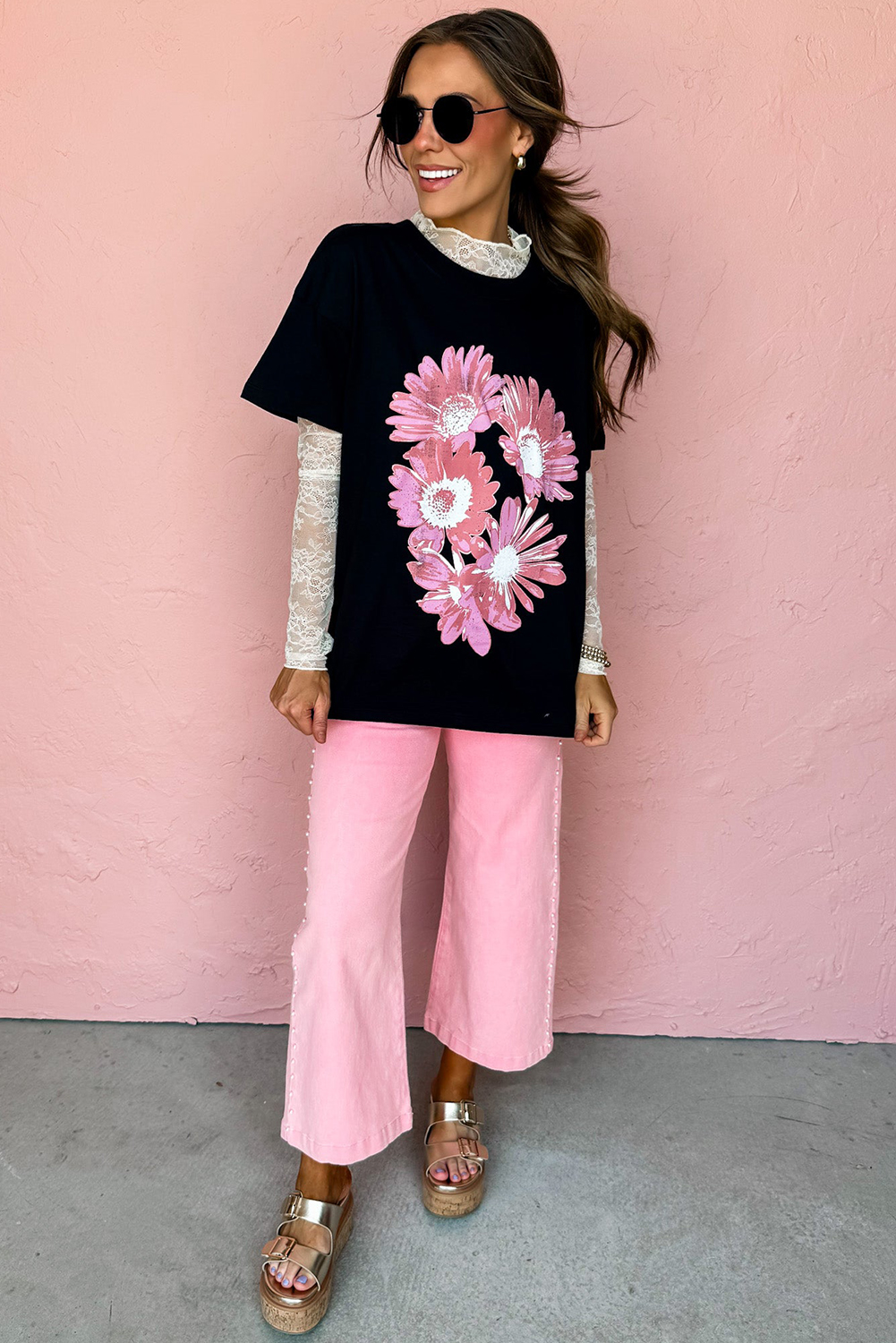 Black Pink Daisy Flower Printed Cotton Blend T Shirt
